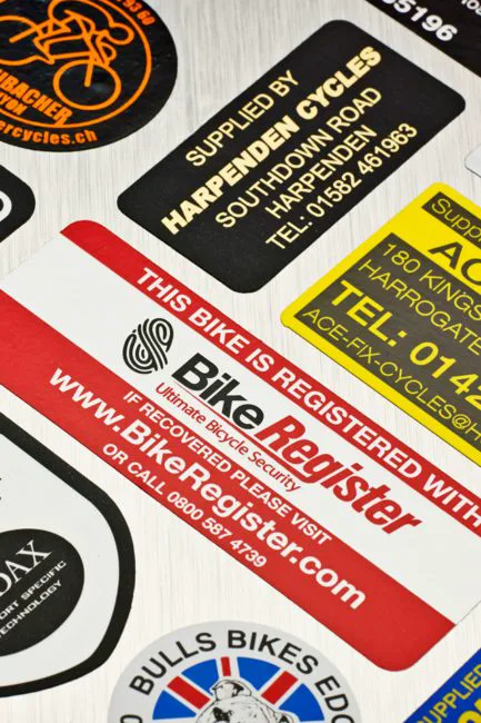 Custom bike frame labels and cycle shop stickers printed by Adcal Labels