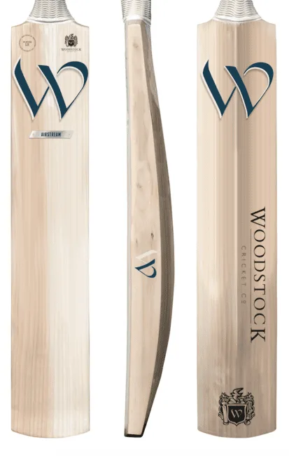 Custom cricket bat labels and stickers on Woodstock Cricket Co bats — back face, spine and front face labels by Adcal Labels