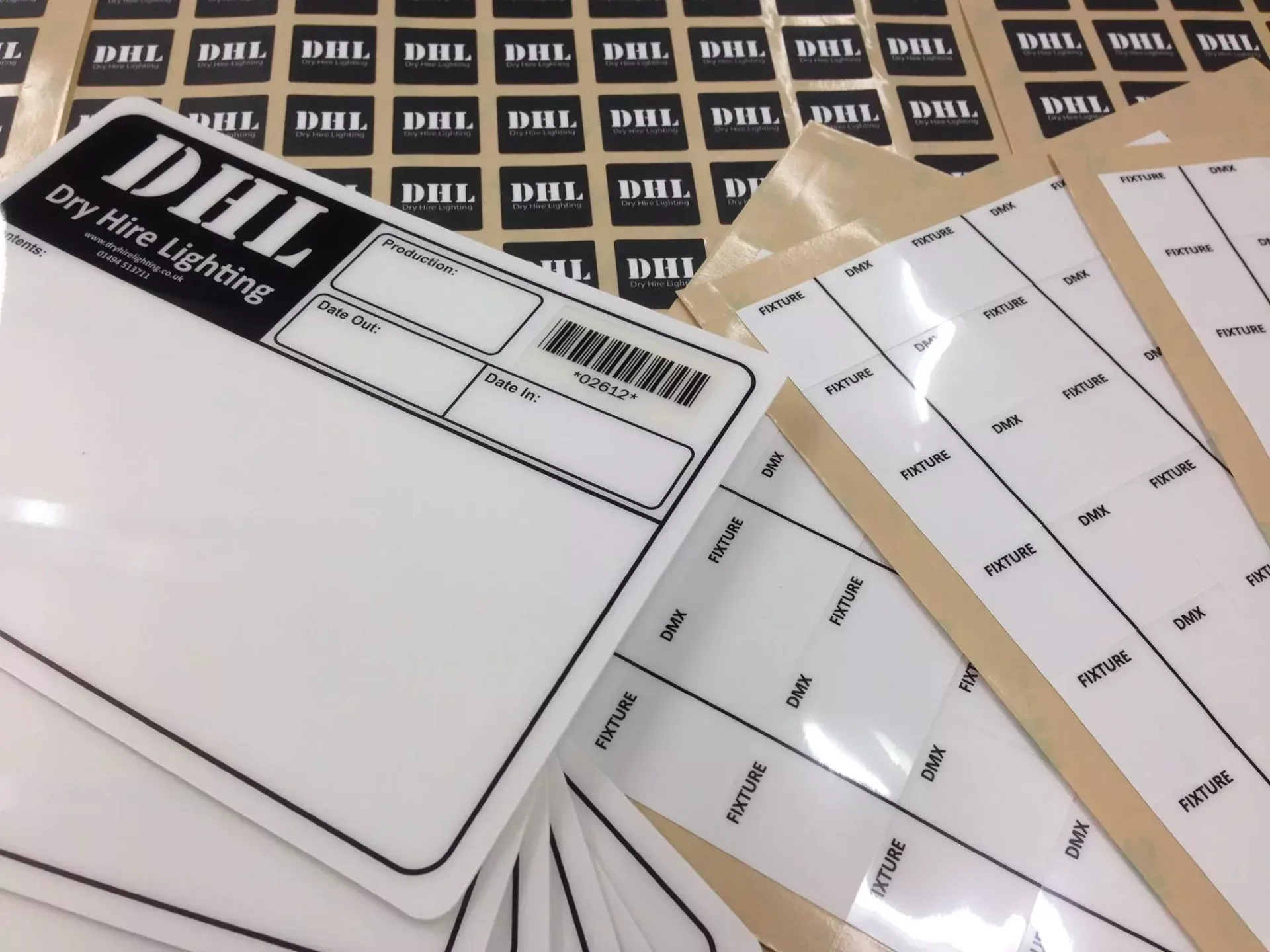 Dry hire lighting and fixture DMX labels printed in sheets by Adcal Labels