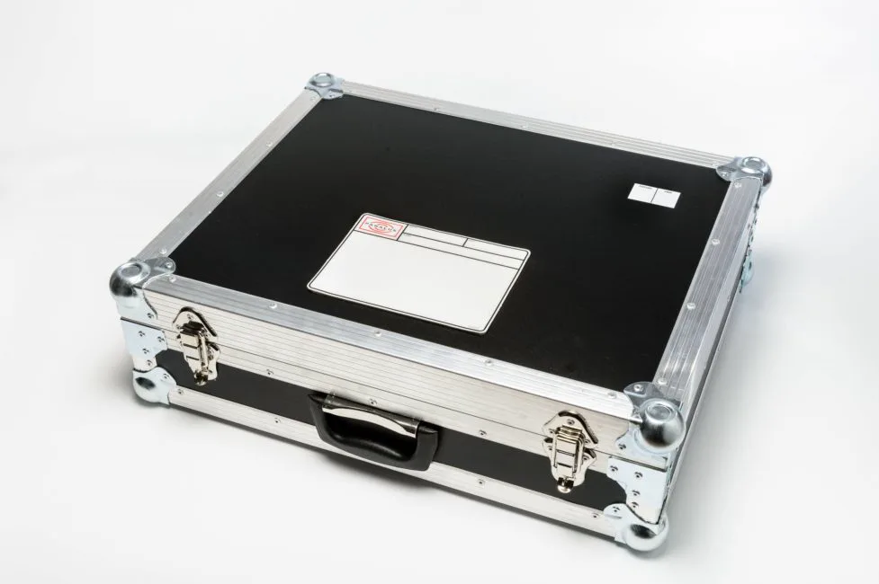 Durable flight case labels on professional touring cases for AV and entertainment