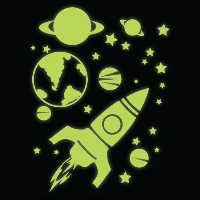 Glow in the dark labels and stickers — space rocket sticker set shown glowing