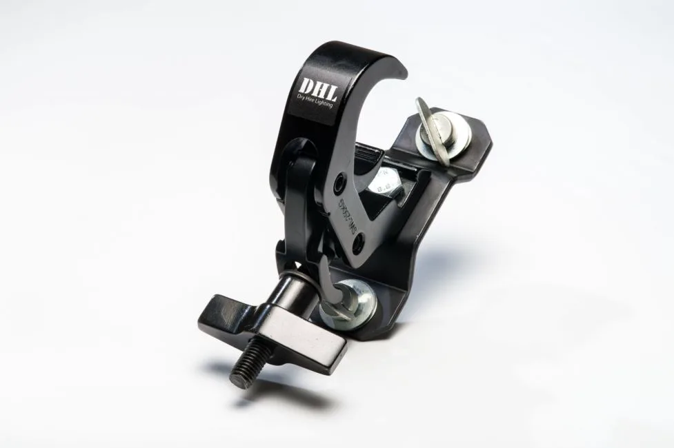 Custom rigging equipment labels applied to a truss clamp